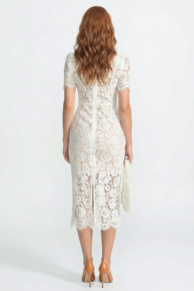 Gaëlle - Embellished Lace Midi Dress with Bow