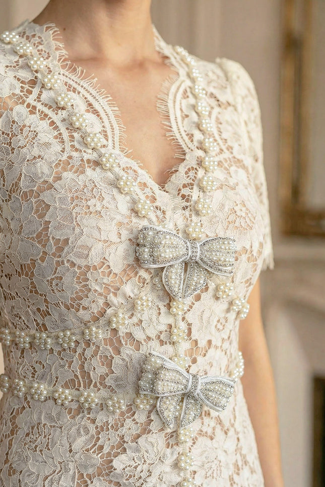 Gaëlle - Embellished Lace Midi Dress with Bow
