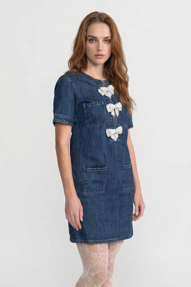 Geneviève - Denim Mini Dress with Embellished Sparkling Bows