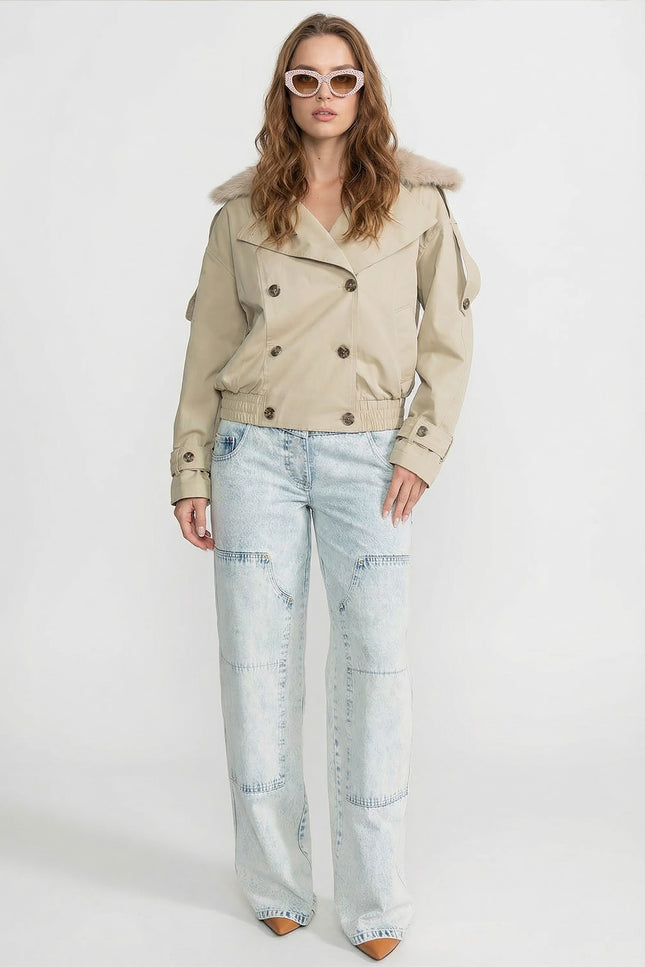 Georgette - Fur Collar Cropped Trench Jacket