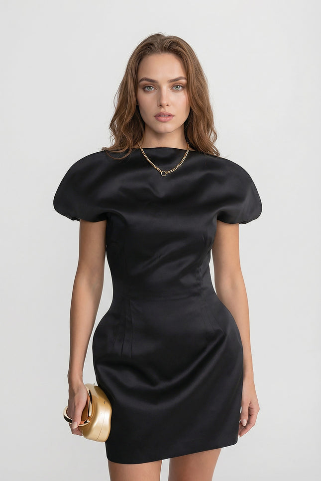 Giselle - Satin Midi Dress with Sculpted Shoulder Accent