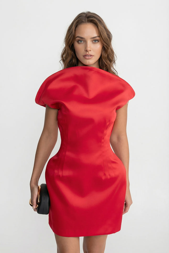 Giselle - Satin Midi Dress with Sculpted Shoulder Accent