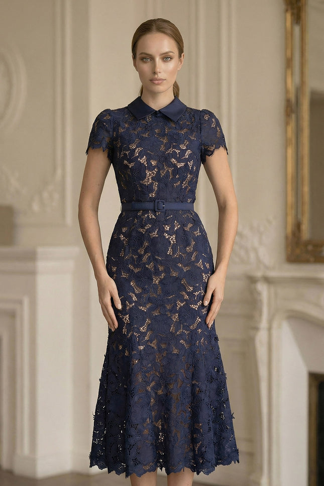 Heather - Elegant Lace Midi Dress with Collared Neckline