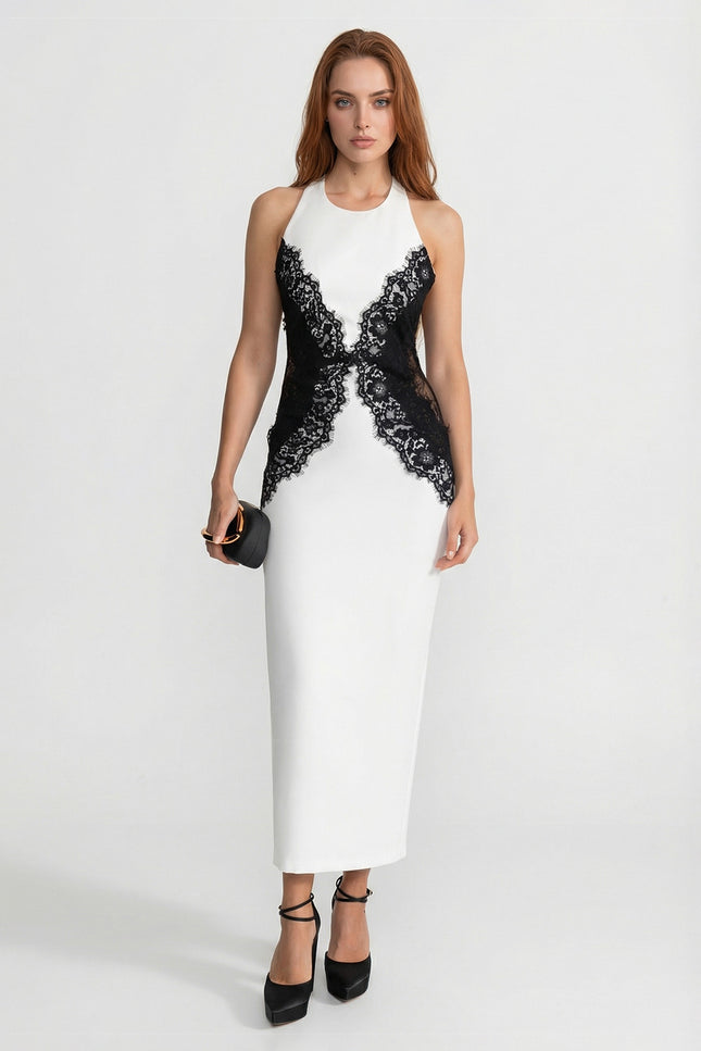 Julia - Halter Maxi Dress with Contrast Lace Panels