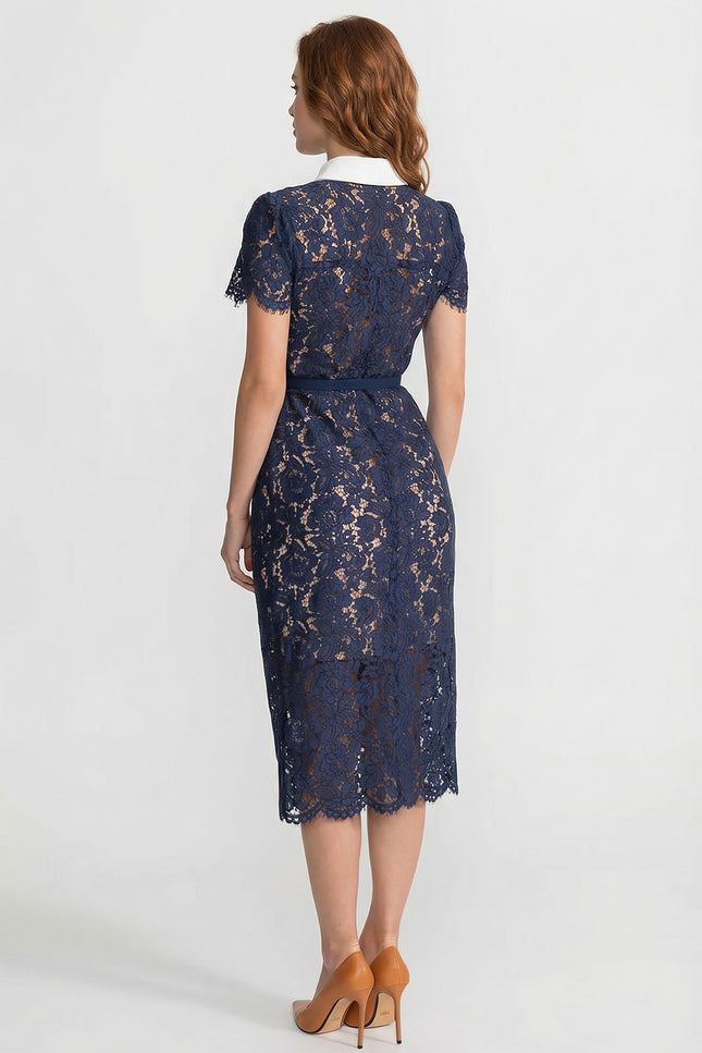 Louise - Floral Lace Midi Dress with Belted Waist