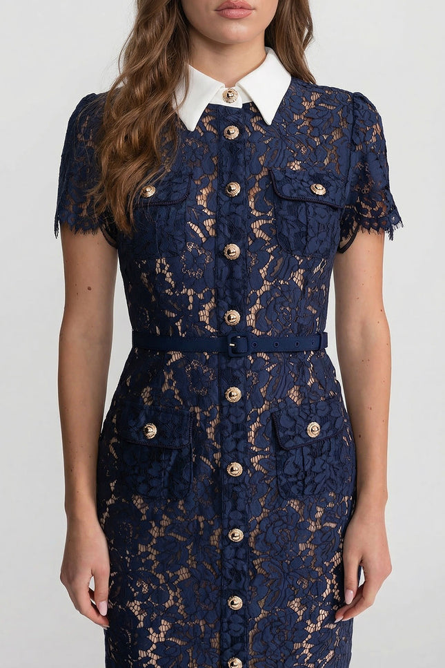 Louise - Floral Lace Midi Dress with Belted Waist