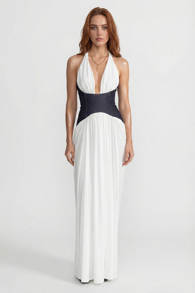 Madeleine - Halter Maxi Dress with Denim Corset Waist