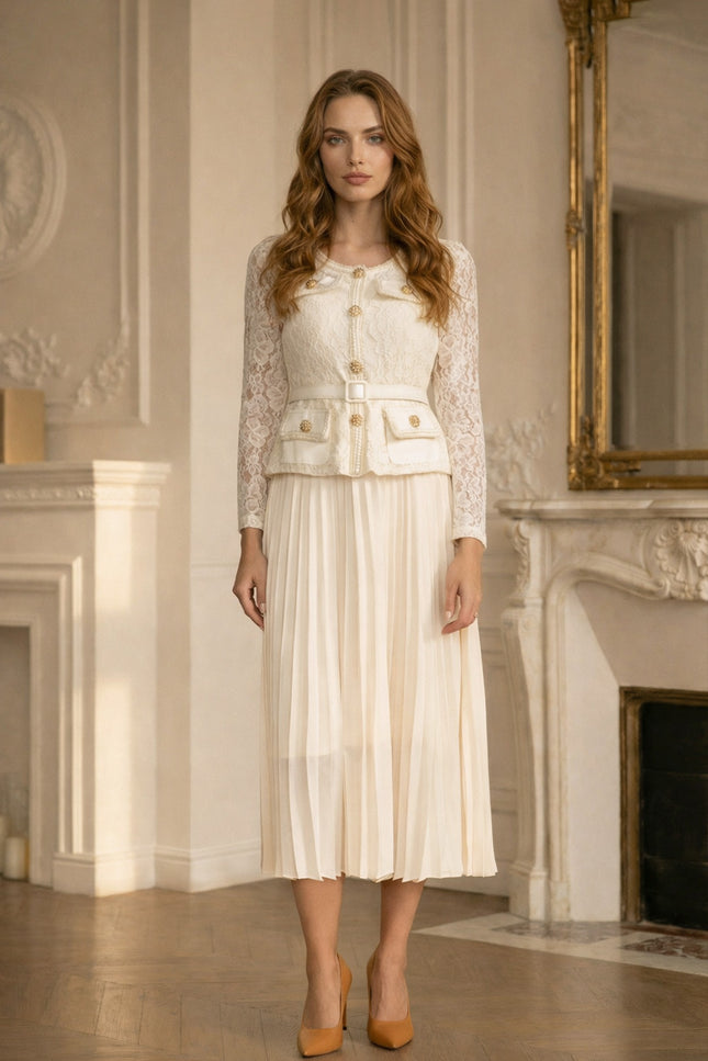 Margot - Gold Button Lace Pleated Midi Dress