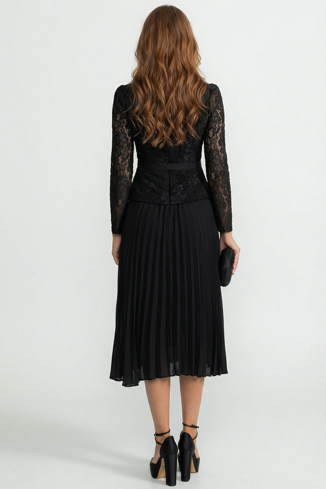 Margot - Gold Button Lace Pleated Midi Dress