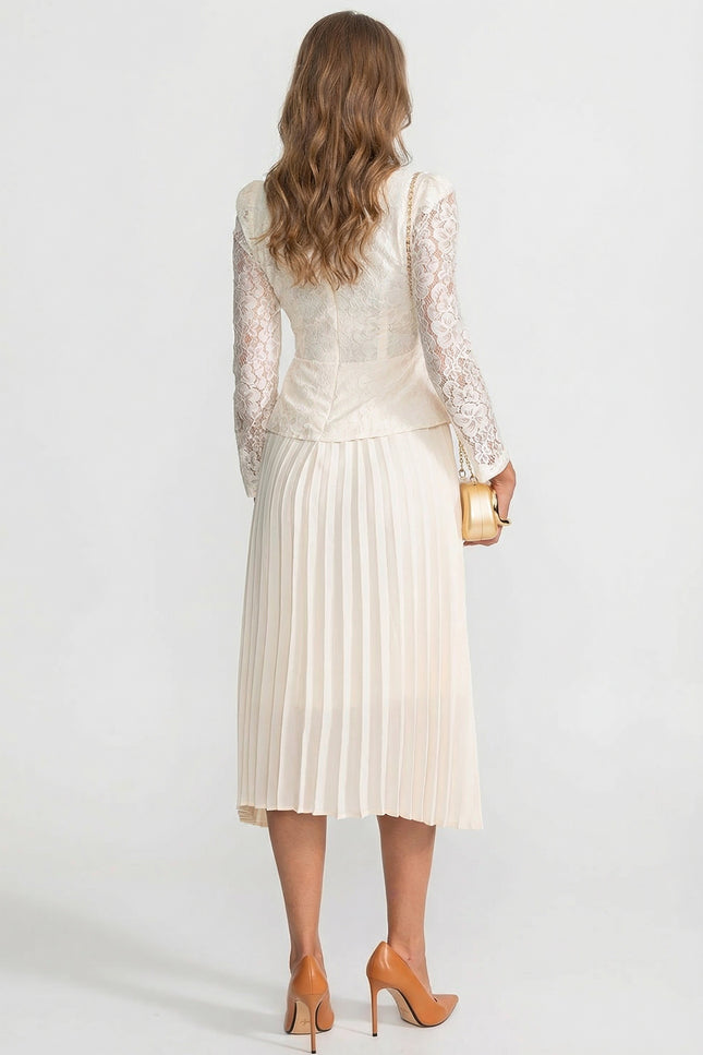 Margot - Gold Button Lace Pleated Midi Dress