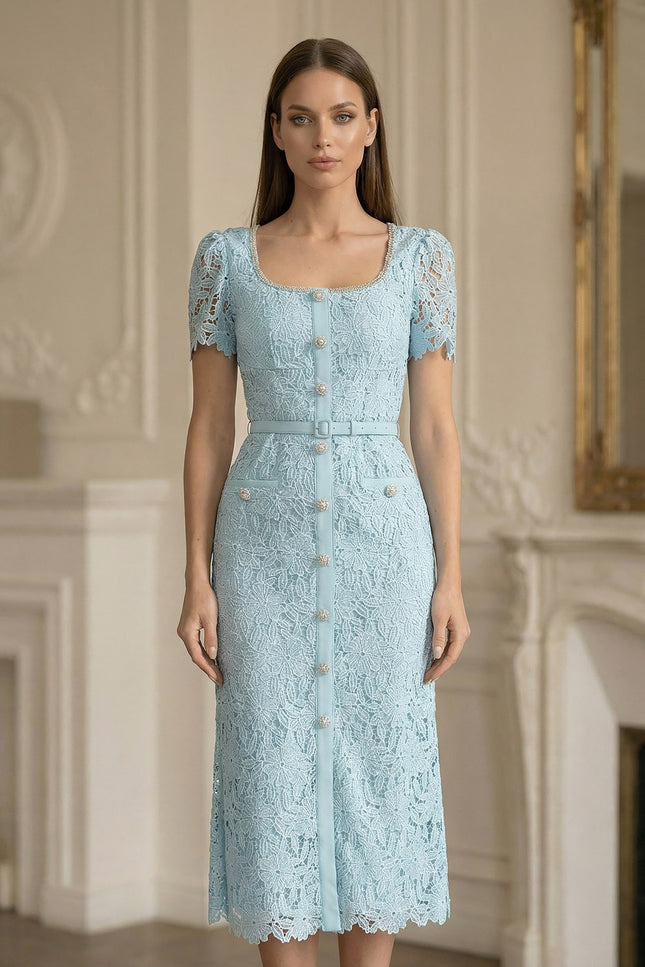 Mila - Azure Lace Midi Dress with Elegant Detailing