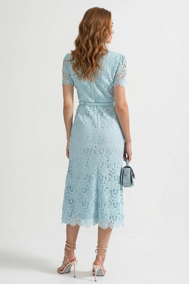 Mila - Azure Lace Midi Dress with Elegant Detailing
