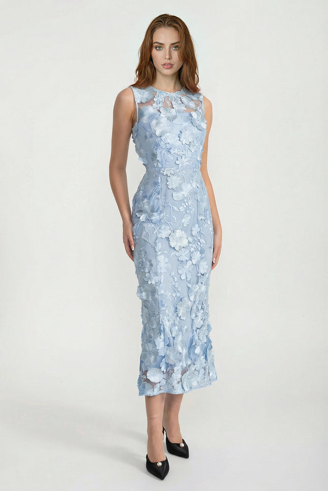 Mirabelle - Sheer Dress with Fitted Waist and Floral Appliqués