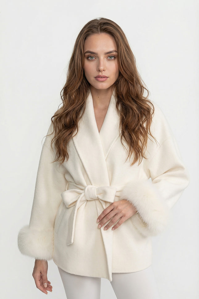 Natalie - Luxury Wool-Blend Wrap Jacket with Fox Fur Cuffs