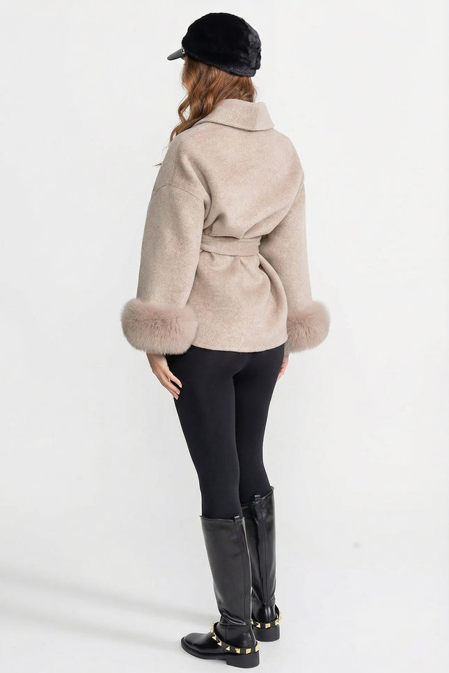 Natalie - Luxury Wool-Blend Wrap Jacket with Fox Fur Cuffs