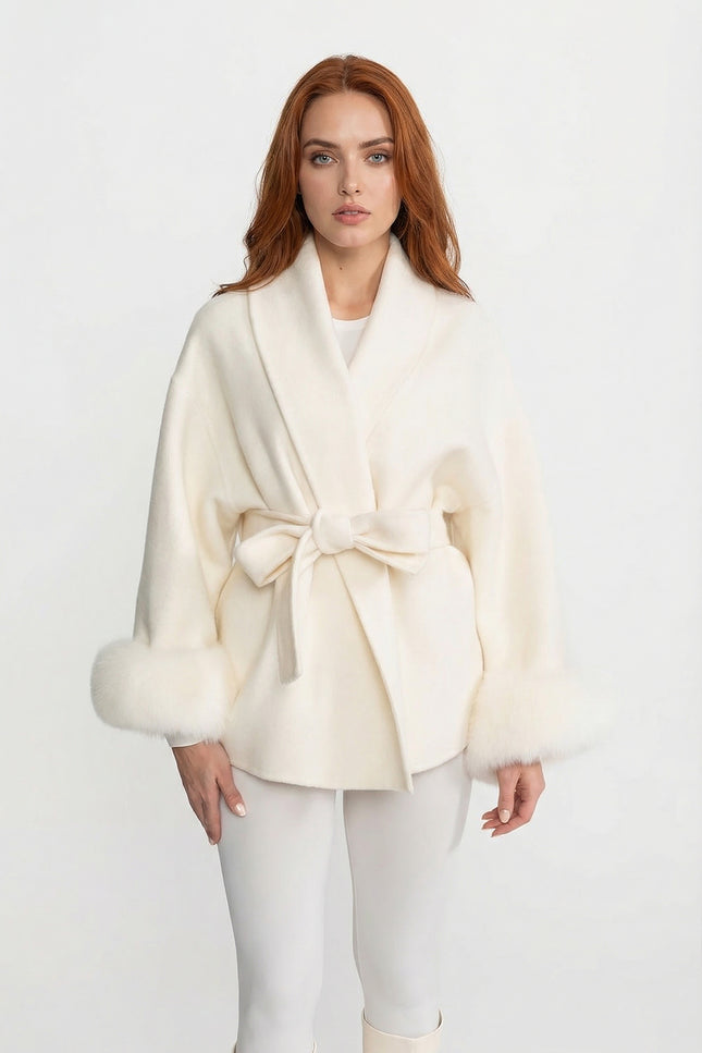 Natalie - Luxury Wool-Blend Wrap Jacket with Fox Fur Cuffs