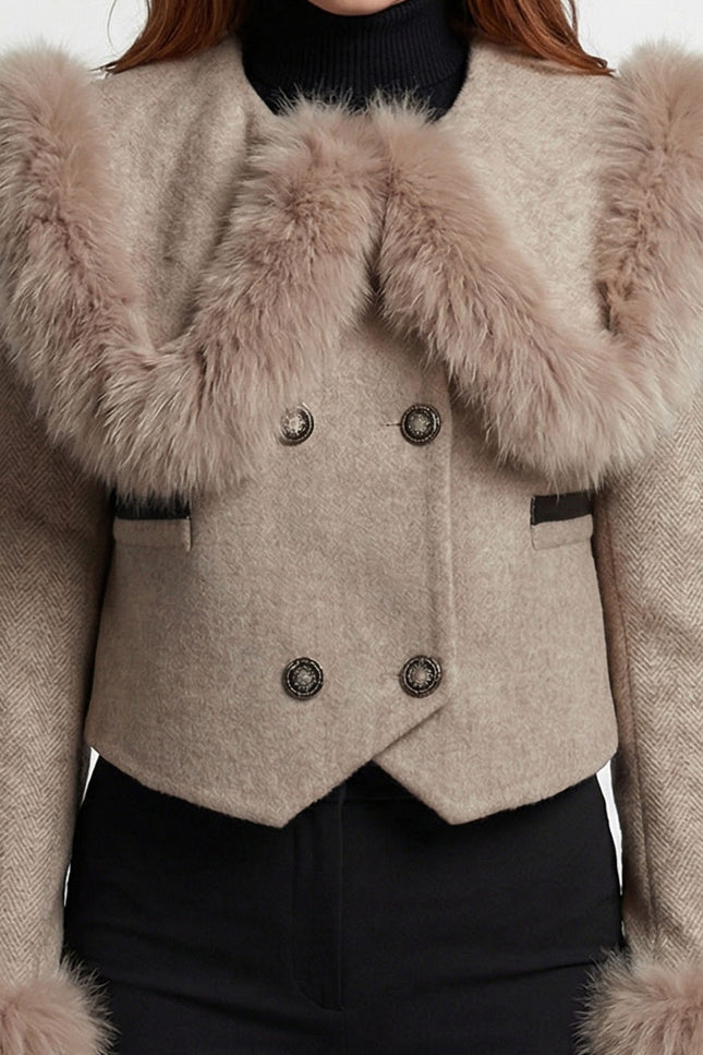 Nayla - Double Breasted Cropped Jacket With Fur Collar Embellishment