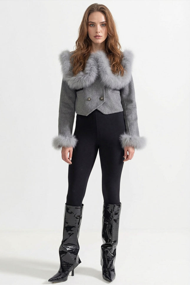 Nayla - Double Breasted Cropped Jacket With Fur Collar Embellishment