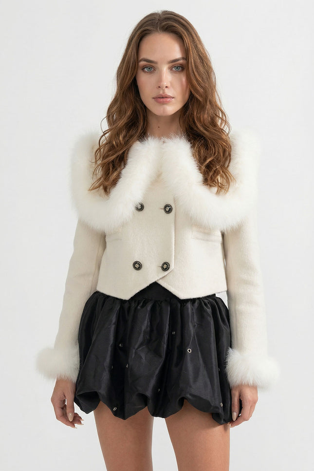 Nayla - Double Breasted Cropped Jacket With Fur Collar Embellishment