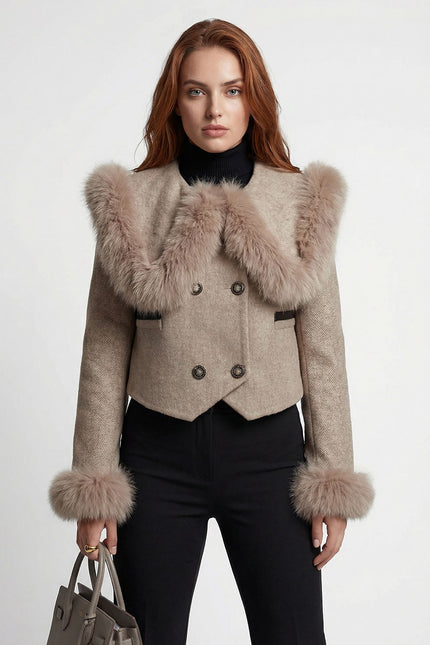 Nayla - Double Breasted Cropped Jacket With Fur Collar Embellishment
