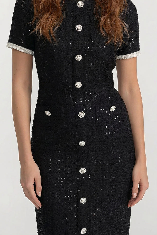 Nelya - Crystal Button Lace Trim Sequin Midi Dress