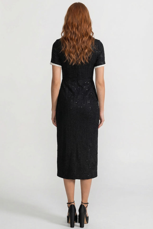 Nelya - Crystal Button Lace Trim Sequin Midi Dress