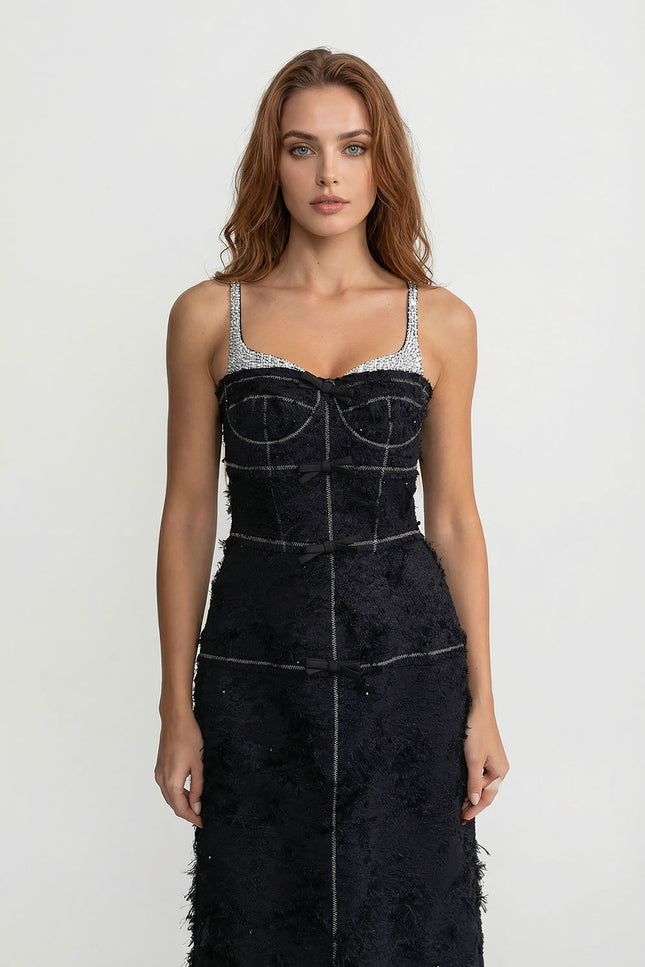 Opaline - Elegant Tweed Midi Dress with Bow Detail and Contrast Straps