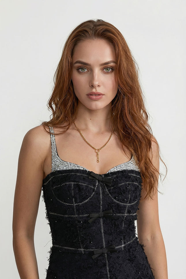 Opaline - Elegant Tweed Midi Dress with Bow Detail and Contrast Straps