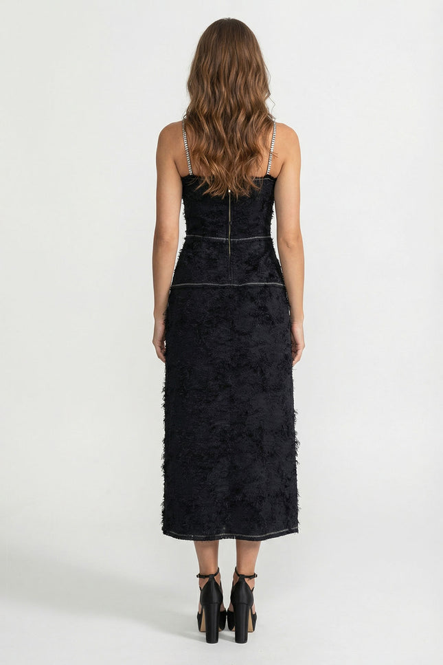 Opaline - Elegant Tweed Midi Dress with Bow Detail and Contrast Straps