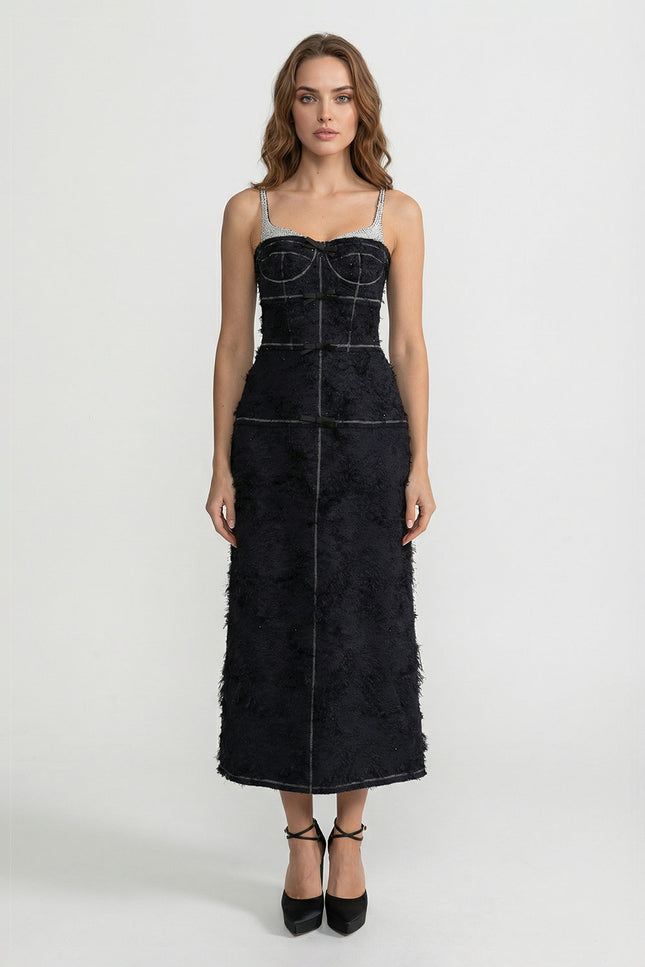 Opaline - Elegant Tweed Midi Dress with Bow Detail and Contrast Straps