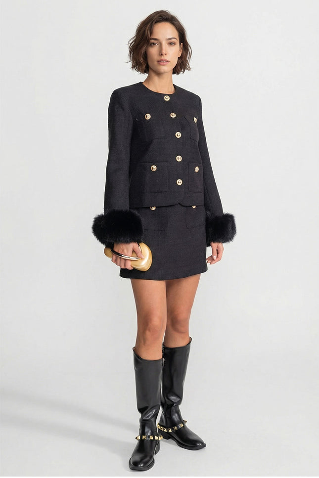 Orelia - Tweed Blazer With Faux Fur Cuffs and Gold Buttons