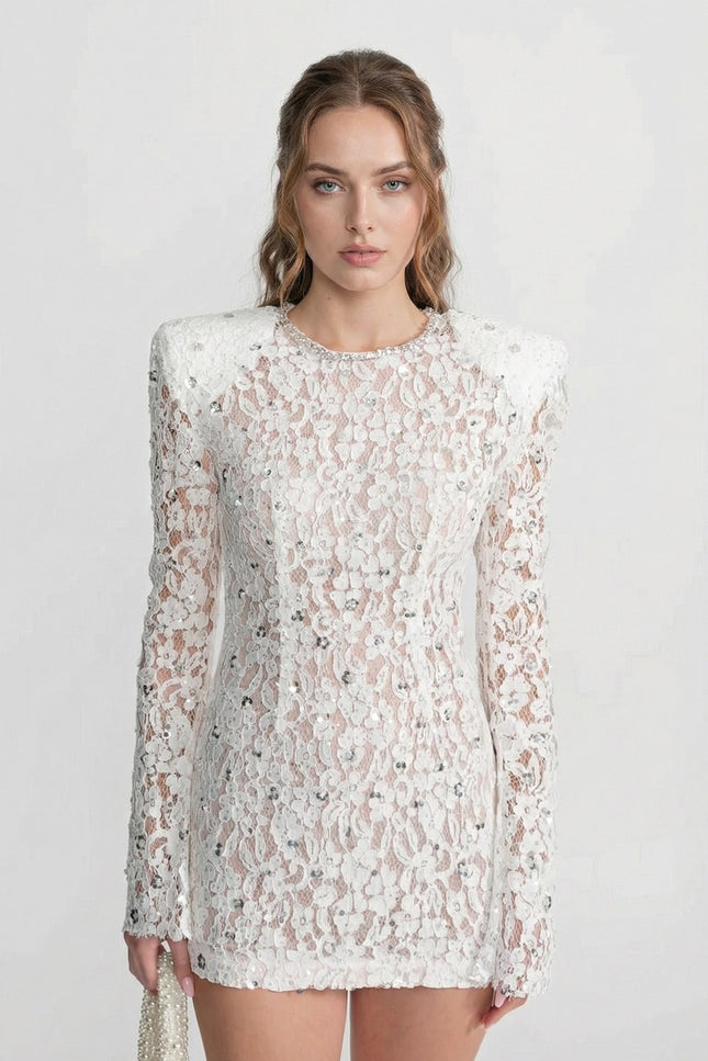 Pénélope - Structured Shoulder Sequin Lace Mini Dress