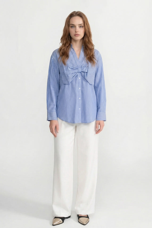 Rina - Striped Cotton Shirt with Dramatic Oversized Bow Detail