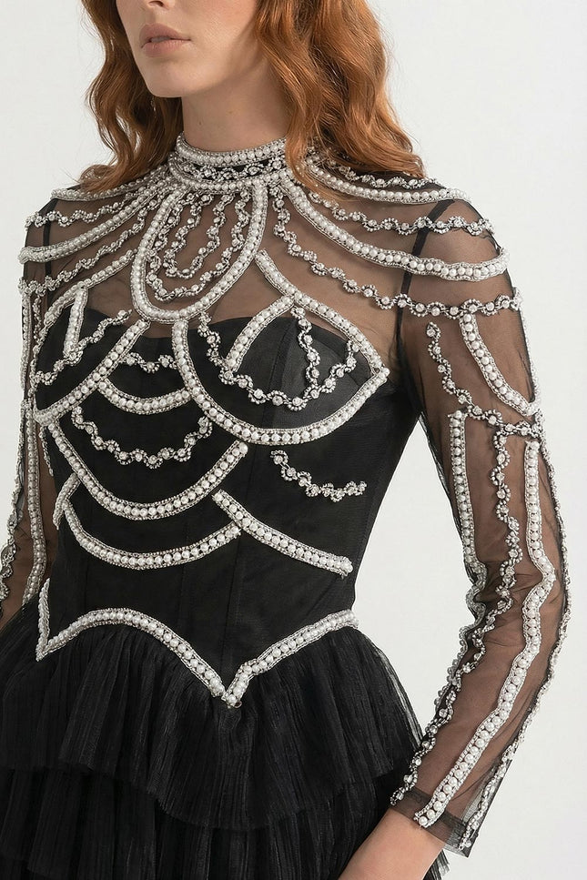 Rosa - Layered Ruffle Long Sleeve Dress with Sparkling Detail