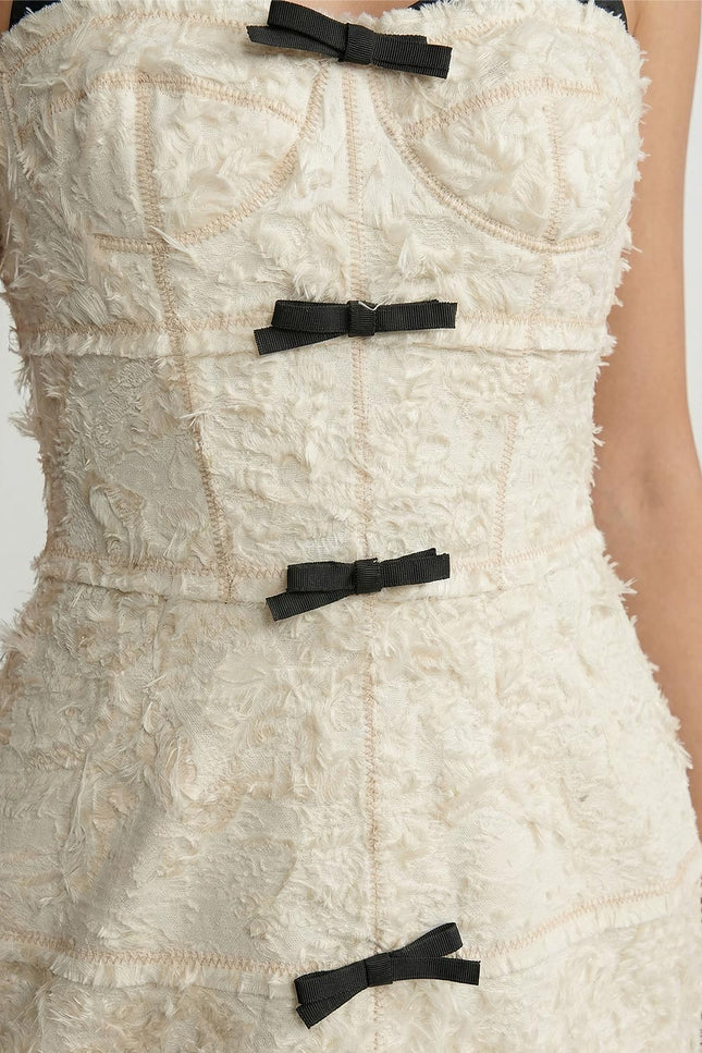 Ruby - Textured Tweed Midi Dress with Bow & Contrast Strap Design