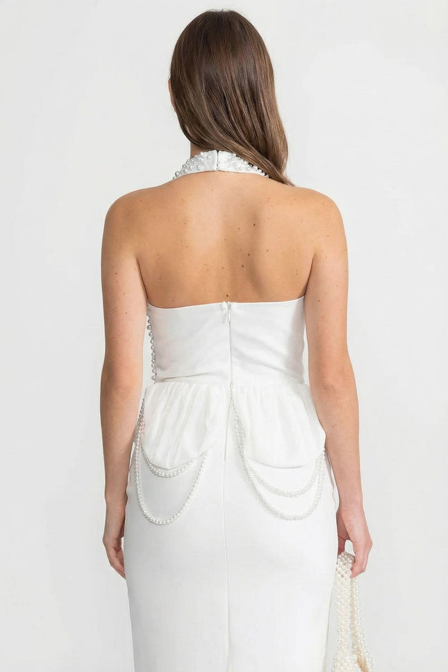 Sophie - Embellished Halter Maxi Dress with Gathered Peplum Detail