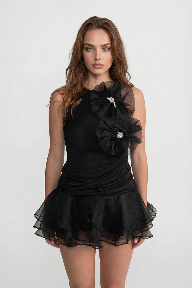 Sylvie - Ruffled Mini Dress with Tulle Appliqué