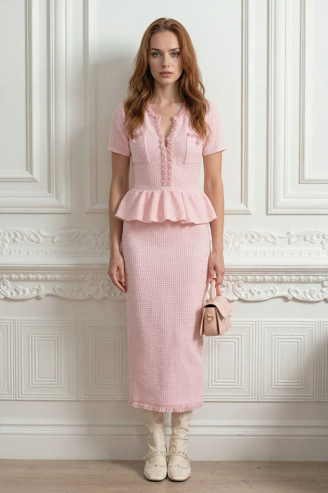 Tatiana - Fitted Knit Midi Dress with Flared Peplum Hem