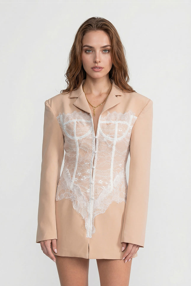Yvonne - Lace Corset Blazer Dress with Deep V-neckline